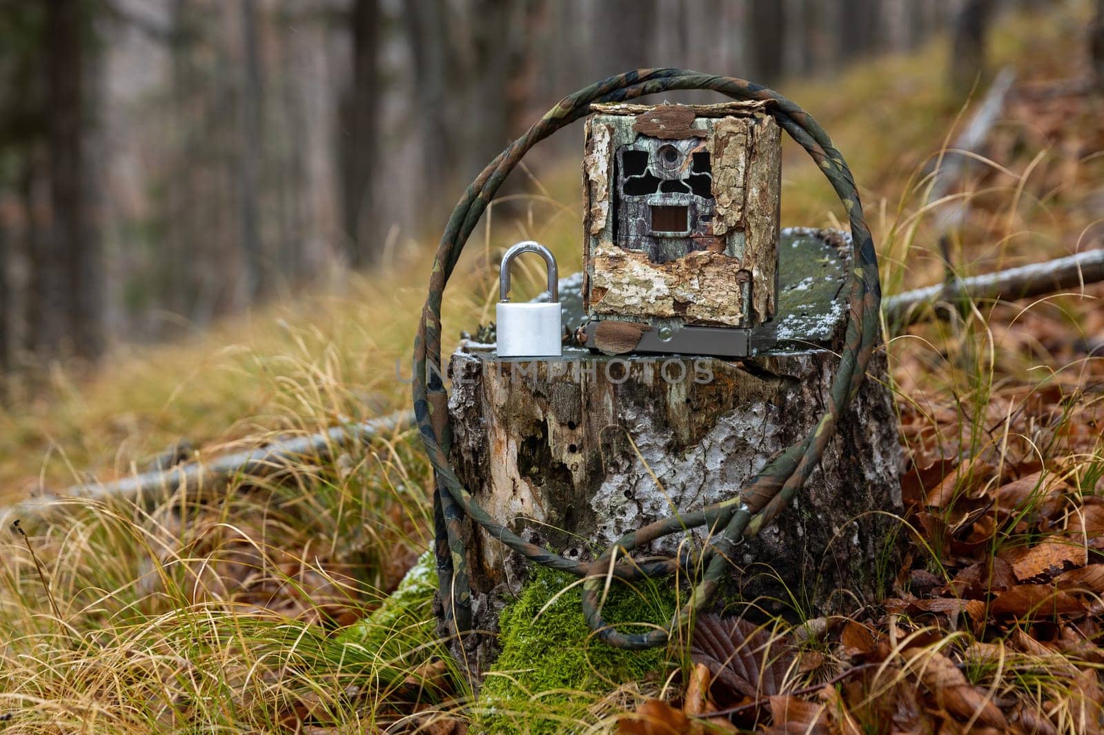 Trail camera in a metallic protection box with cable and lock. Concept of preventing theft and vandalism on trailcam. Research technology for wildlife monitoring.