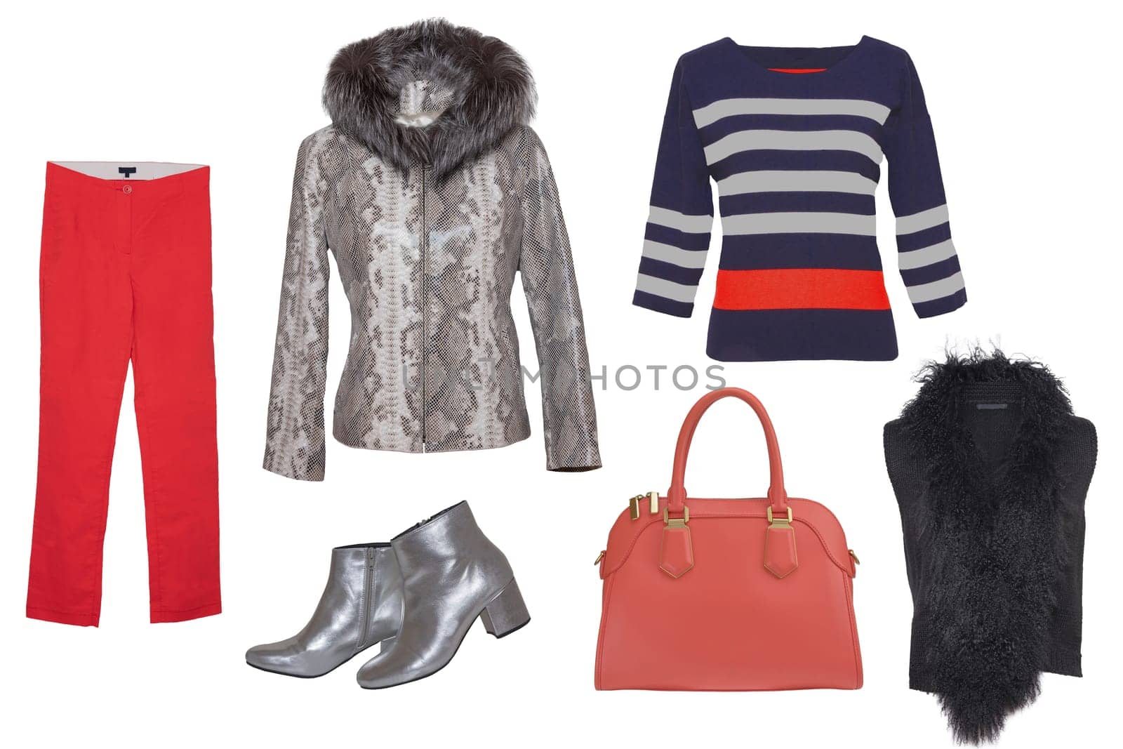 Collage woman clothing. Set of a stylish and trendy grey leather jacket with a fur collar, a waistcoat, shoes, a blouse or shirt, red trousers and a handbag isolated on a white background. Latest fashion trends.