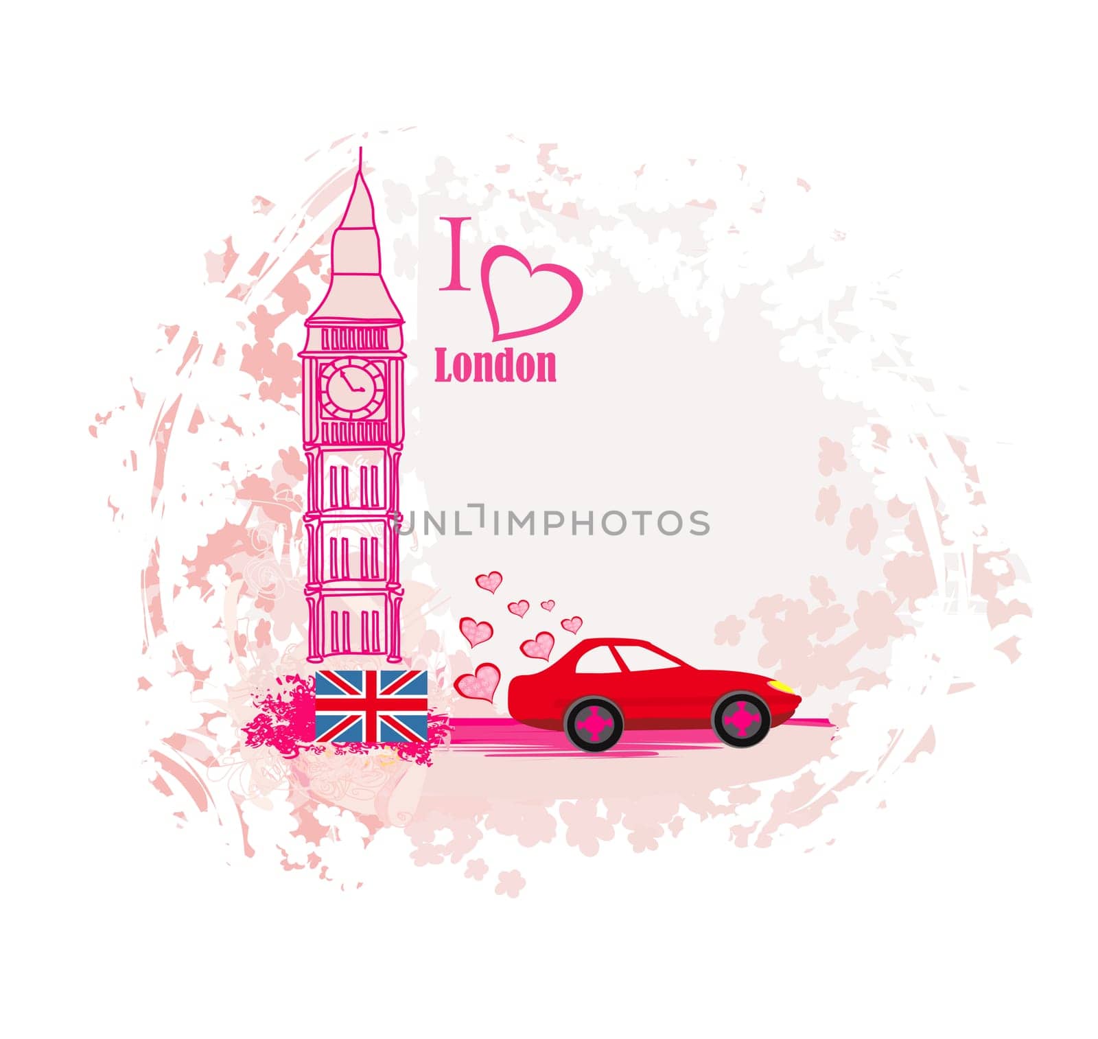 floral banner with car traveling in london