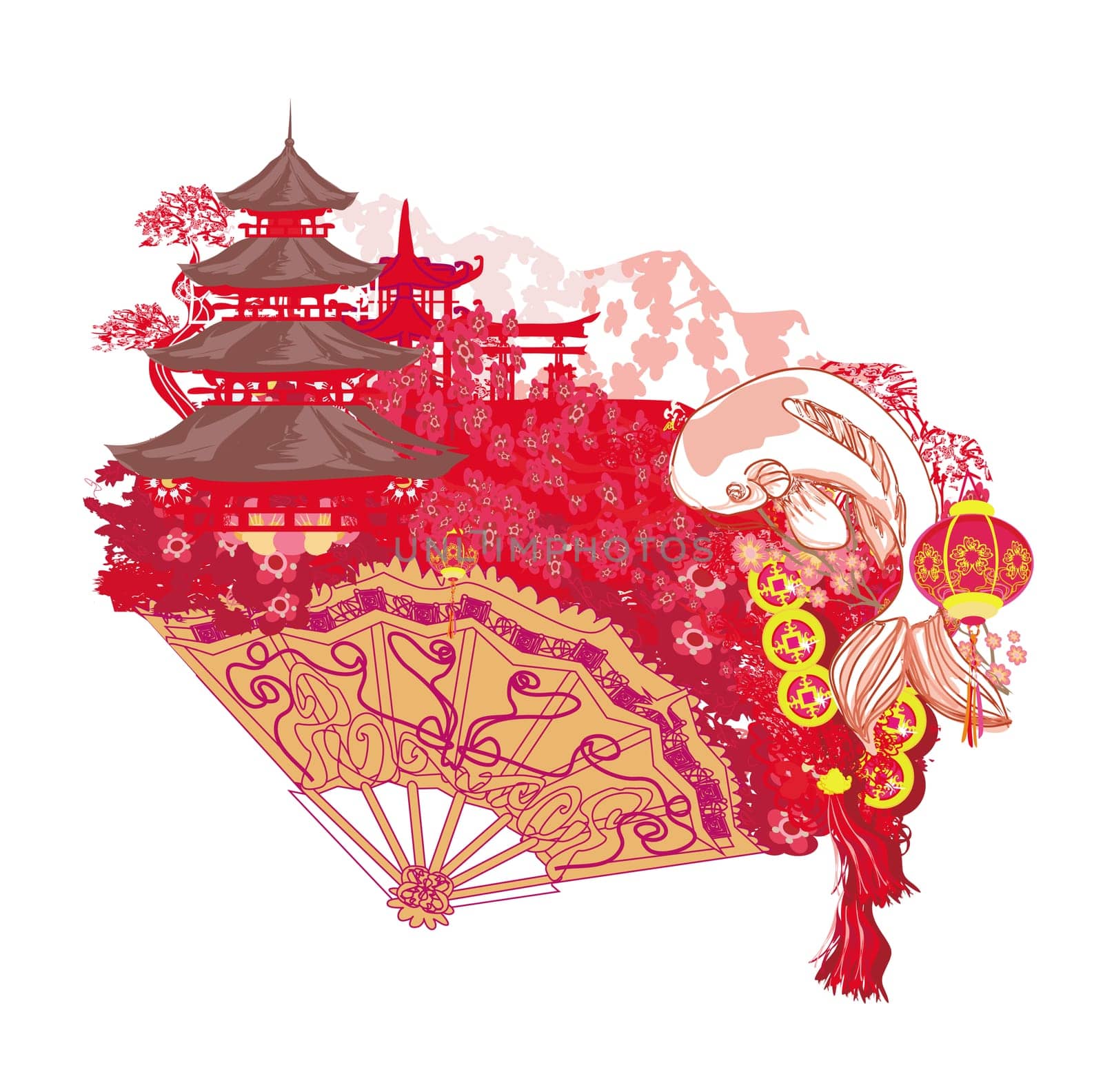 Japanese koi vintage fan - artistic abstract illustration