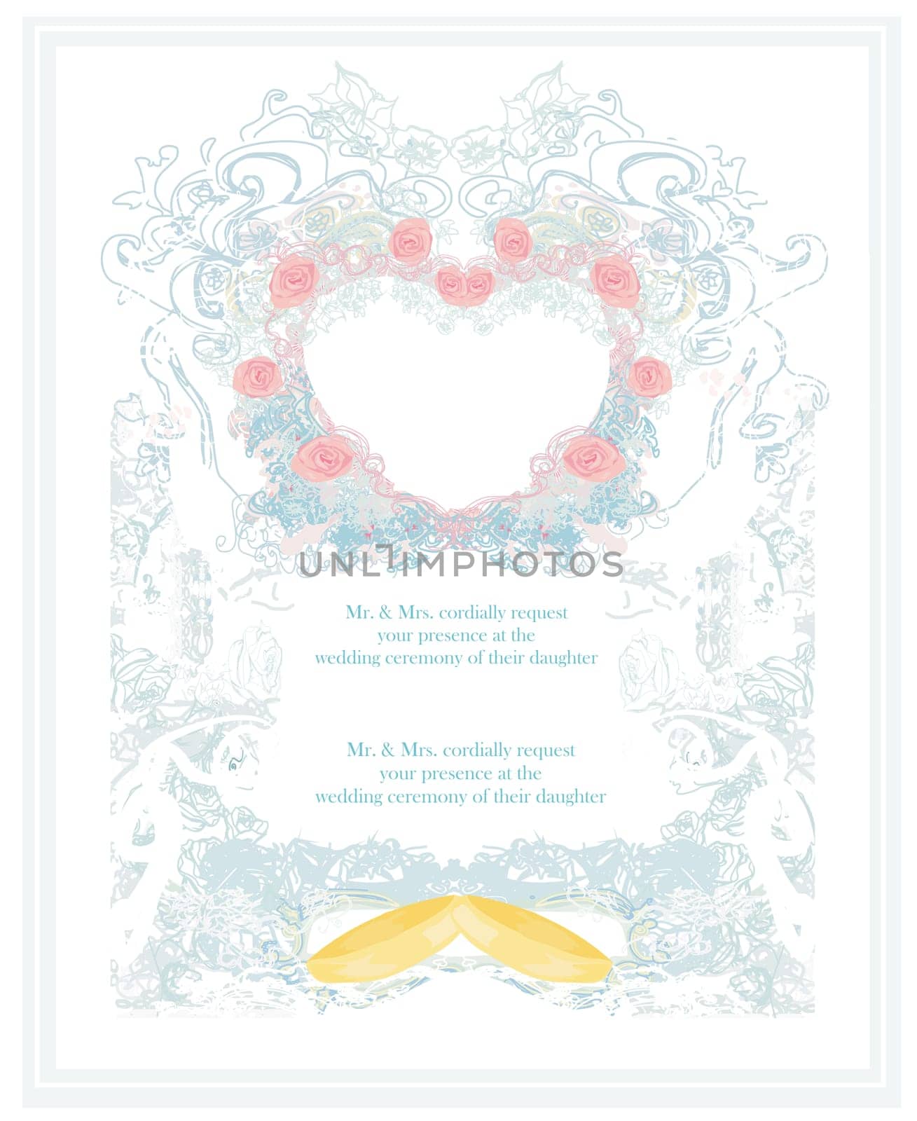 stylish wedding invitation card with vintage ornament heart-shaped frame and gold wedding rings