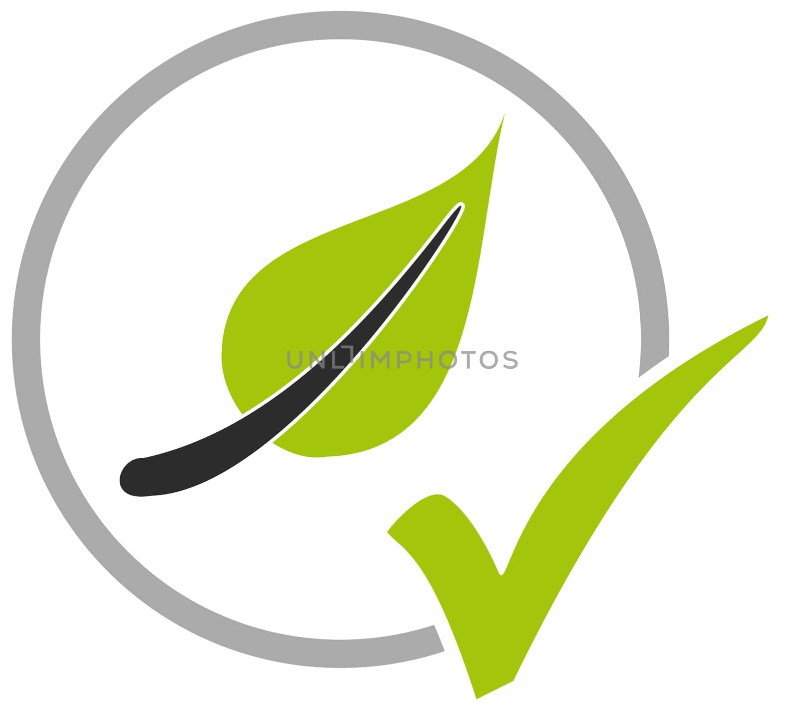 Grey circle icon with green tick showing Leaf or Vegan Product
