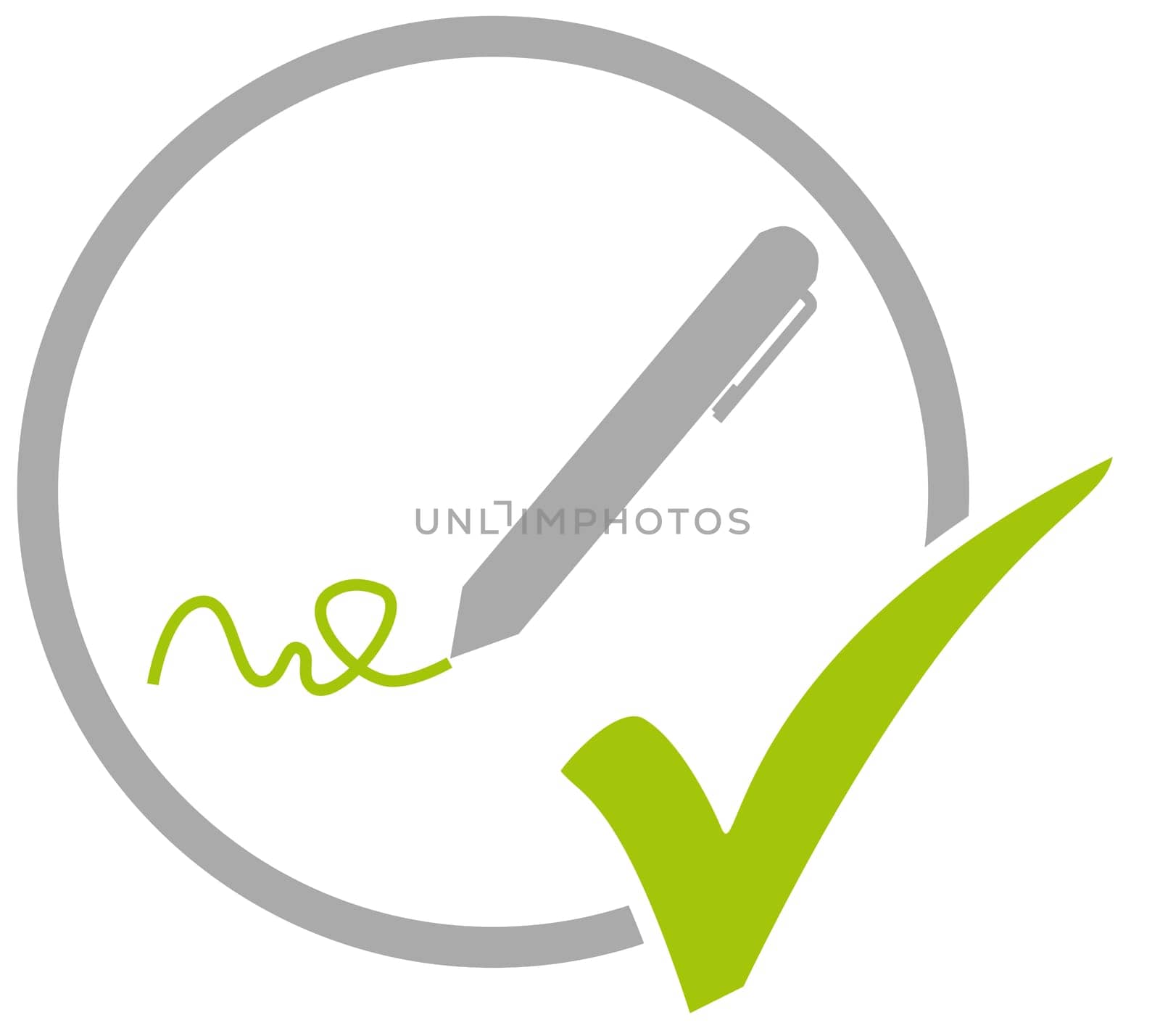 Grey circle icon with green tick showing Pencil or Signature
