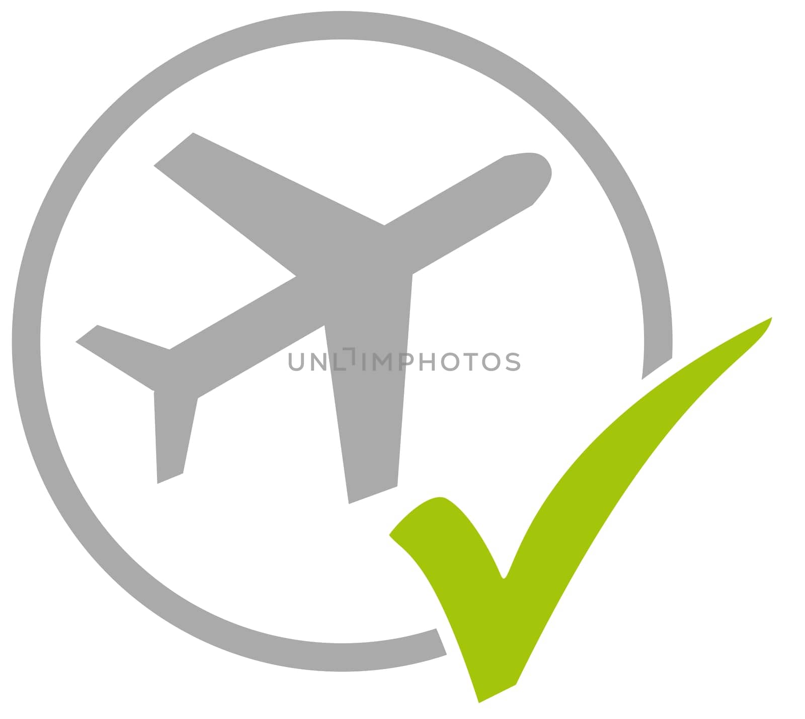 Grey circle icon with green tick showing Airplane or Airport
