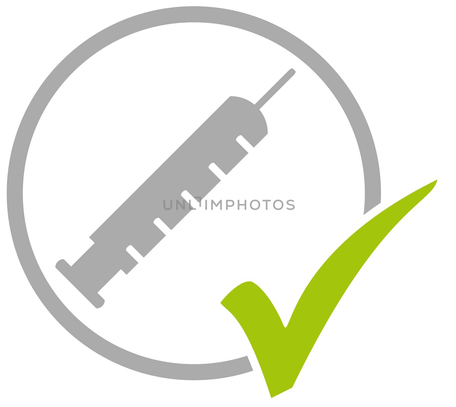 Grey circle icon with green tick showing Syringe for Covid-19 Vaccination