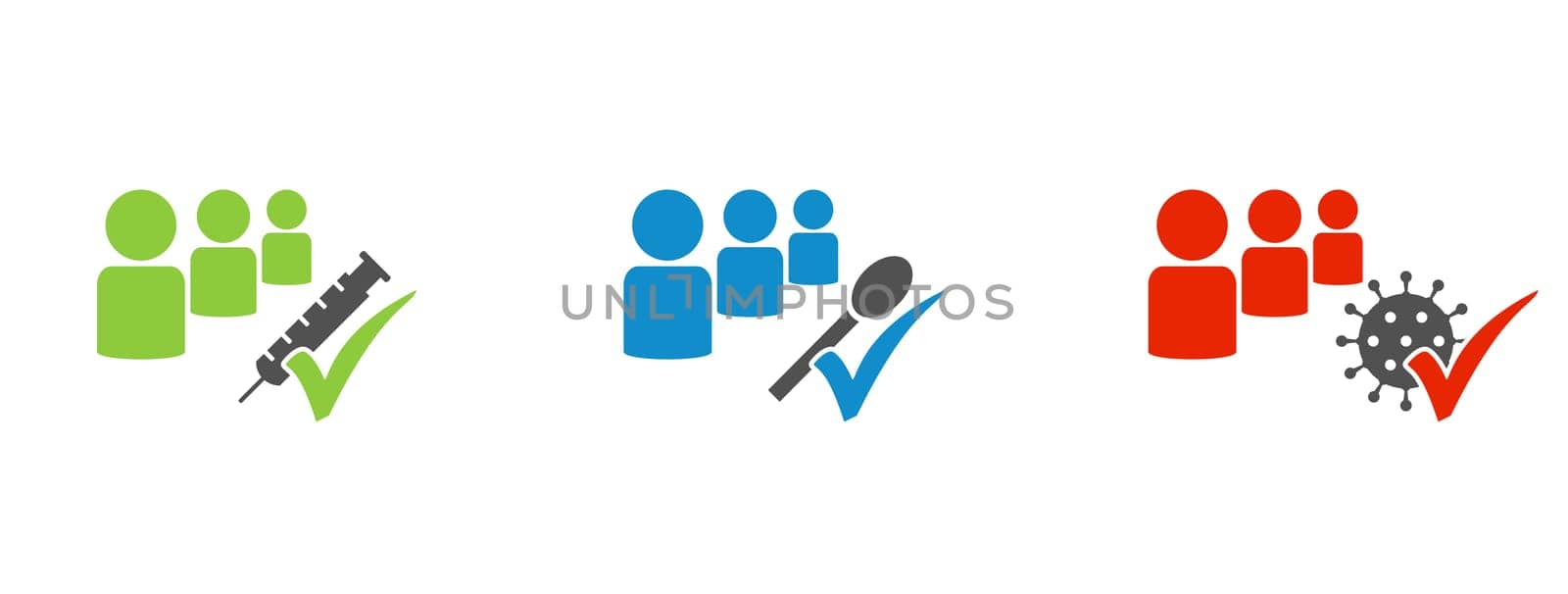 Covid-19 Banner with icons green blue red: Vaccinated, Tested or Recovered