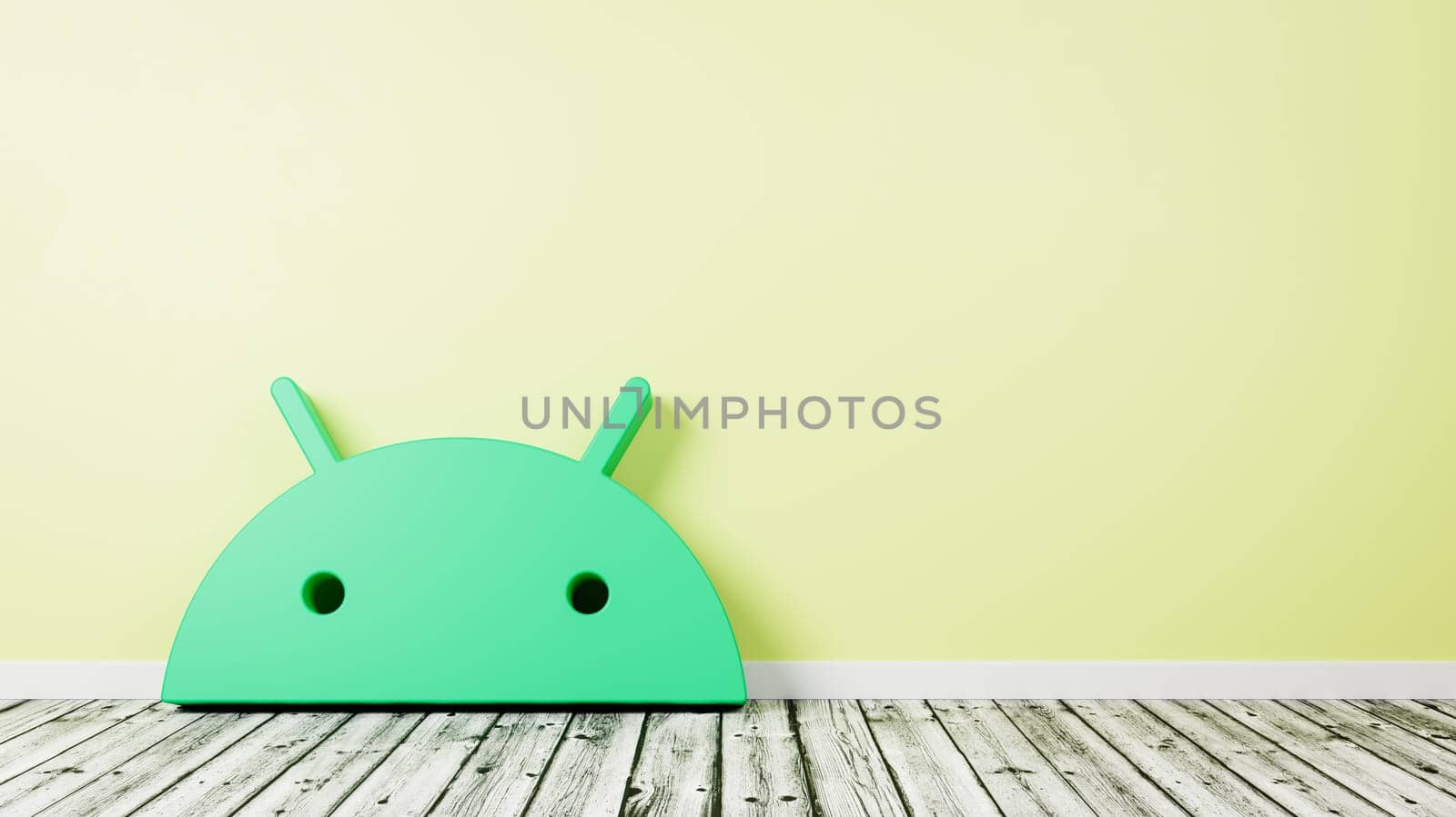 Android Logo 3D Symbol Shape on Wooden Floor Against Yellow Wall with Copy Space 3D Render Illustration