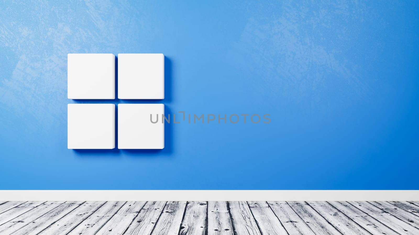 Windows Logo 3D Symbol Shape on Wooden Floor Against Blue Wall with Copy Space 3D Render Illustration