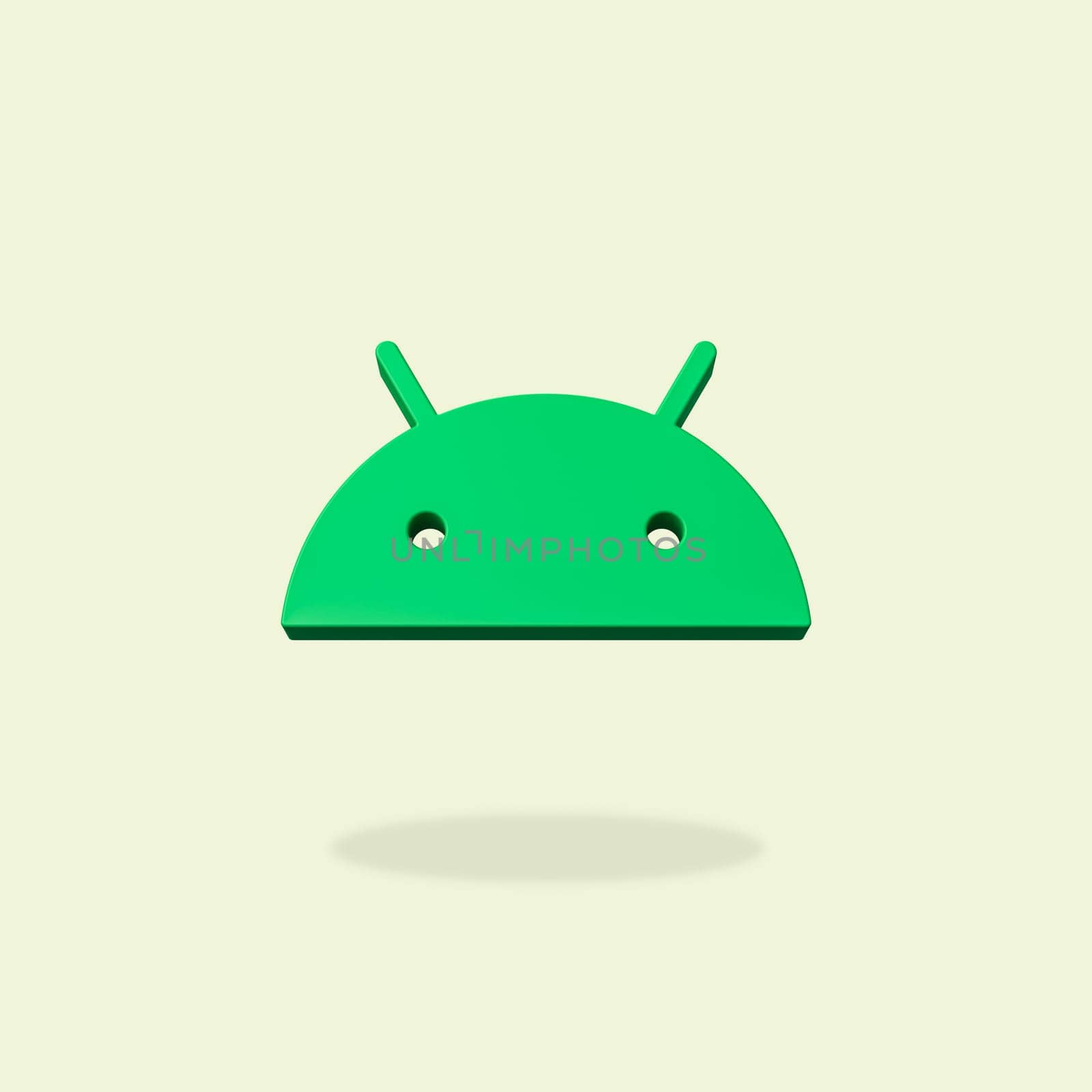 Android OS Logo 3D Shape Isolated on Flat Yellow Background with Shadow 3D Illustration