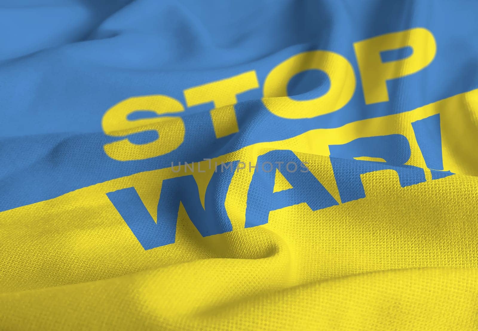 Detail of the national flag of Ukraine with the "stop war"" text . Democracy and politics. Patriotism. Selective focus"