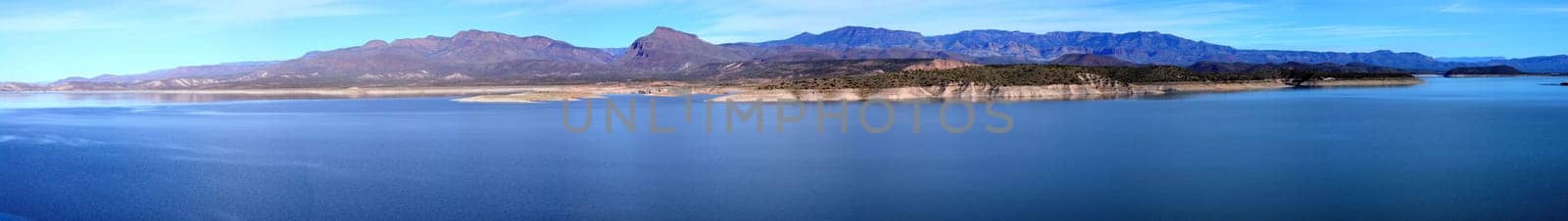 Panorama Mountain and reflections of Mountain in Roosevelt lake Central Arizona