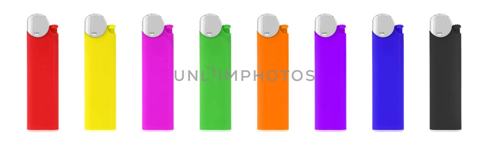 A Range of Colored Cigarette Lighters on white with clipping path Red Black Green Orange Pink Purple Red Yellow