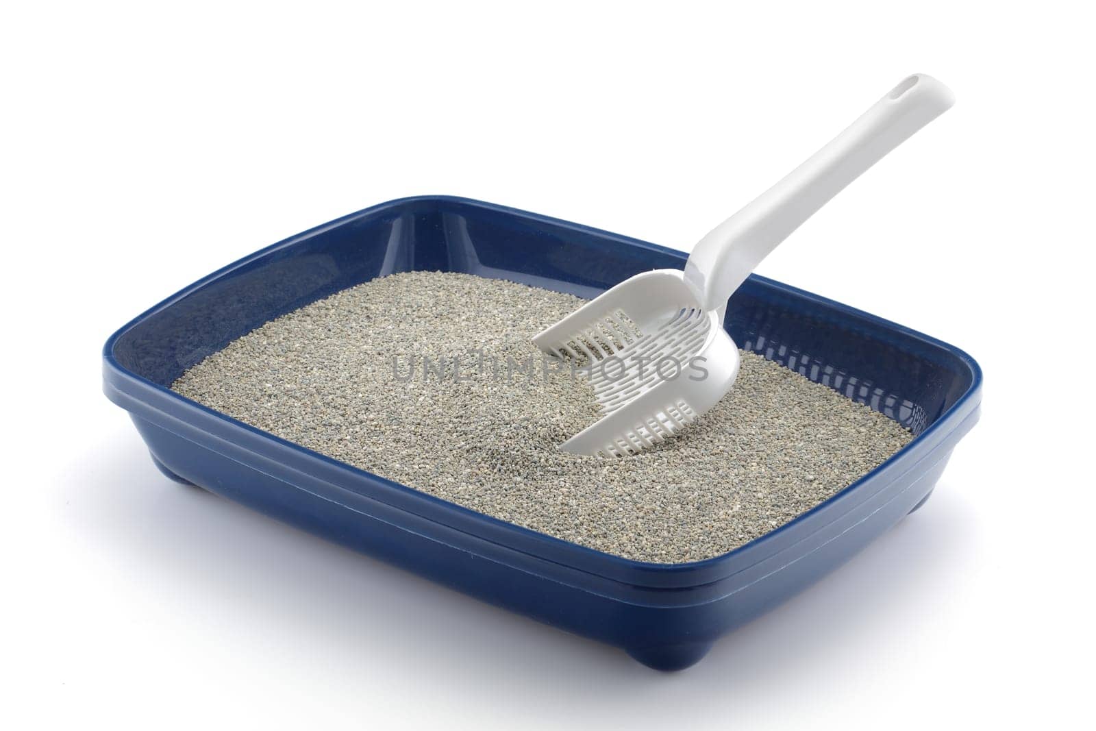 A blue cat litter tray isolated on white with grey litter and a scoop