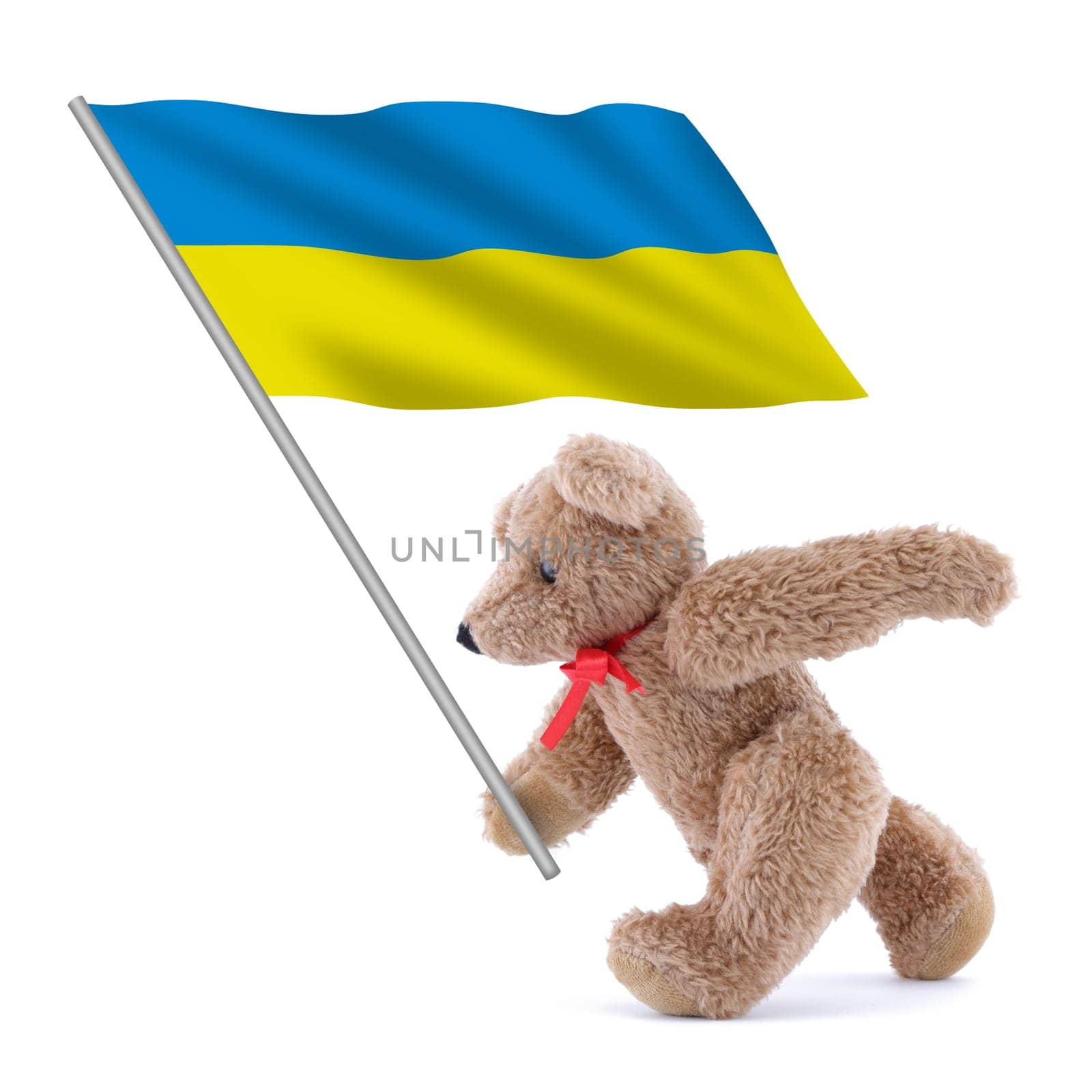 A Ukraine flag being carried by a cute teddy bear