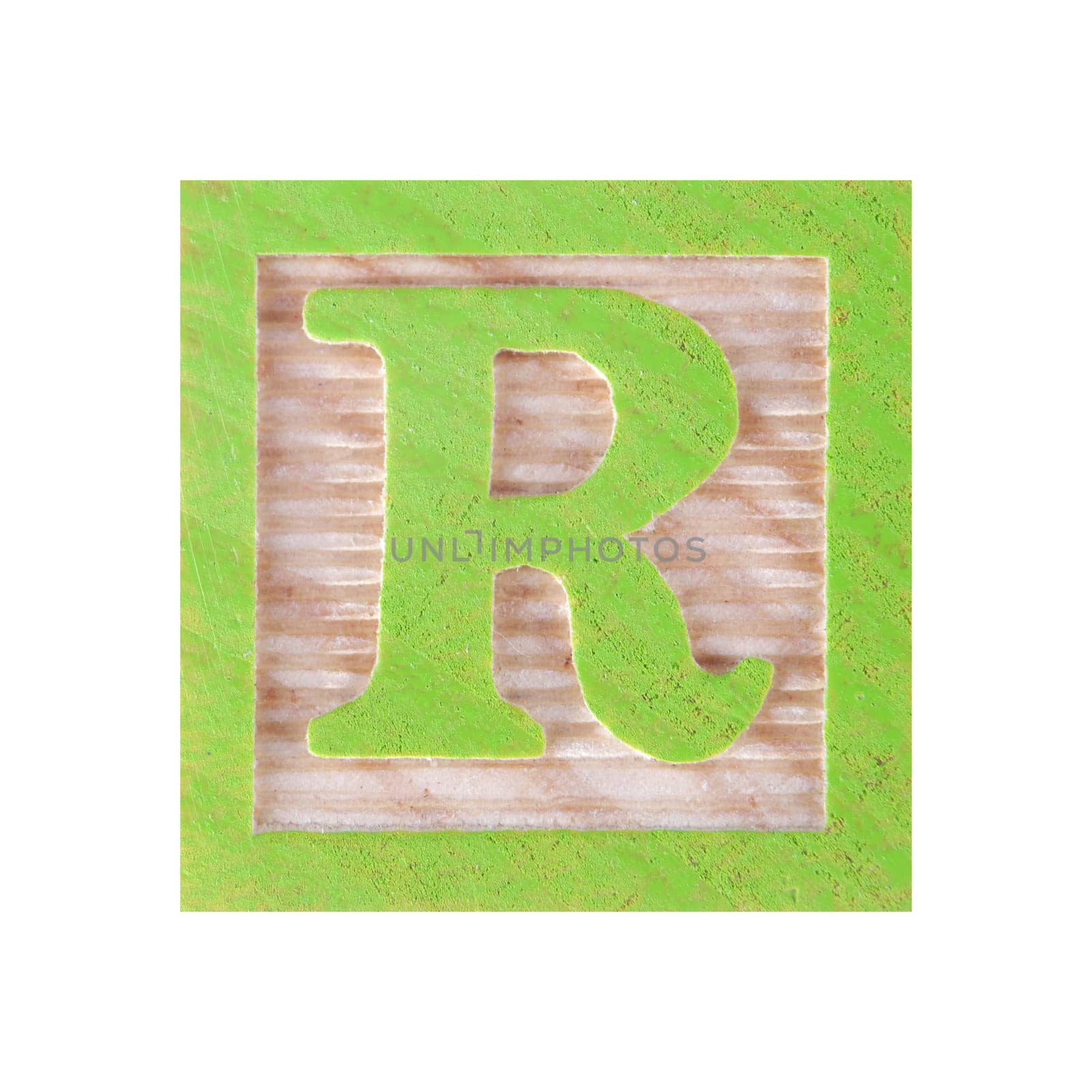 A Letter R childs wood block on white with clipping path