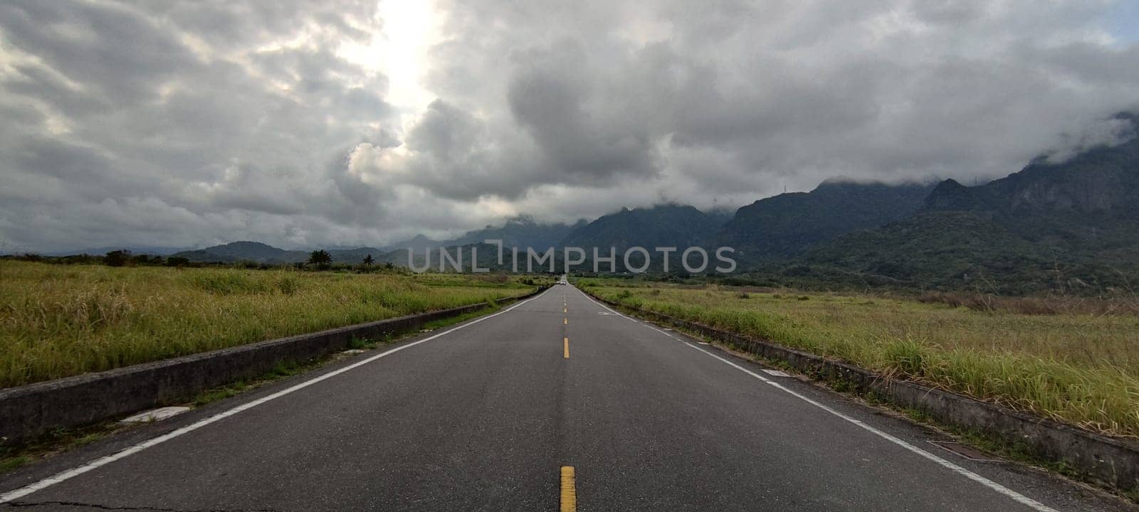 The Aerial view of beautiful terraced rice field and road .Taitung ,Taiwan.