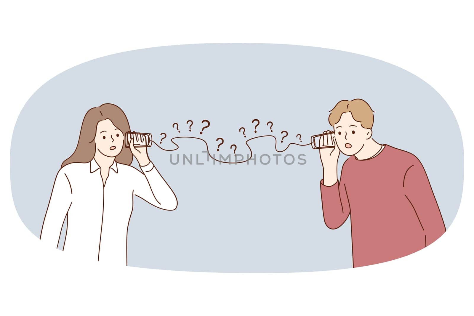 Misunderstanding and problems in communication concept. Frustrated woman and man standing hearing in glasses trying to understand and listen to each other vector illustration
