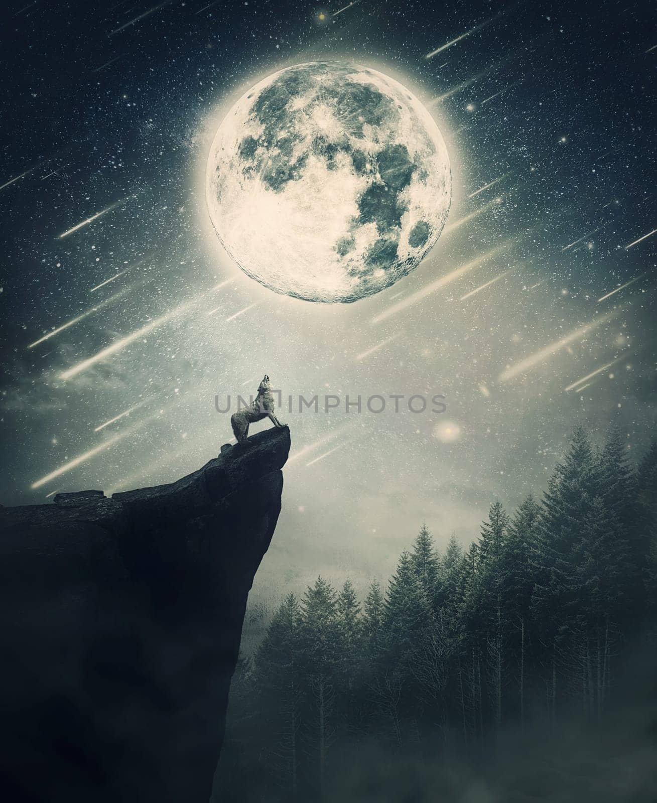 Howling wolf on the top of a cliff over night sky background with shining full moon. Wildlife scene with falling stars over the coniferous forest.