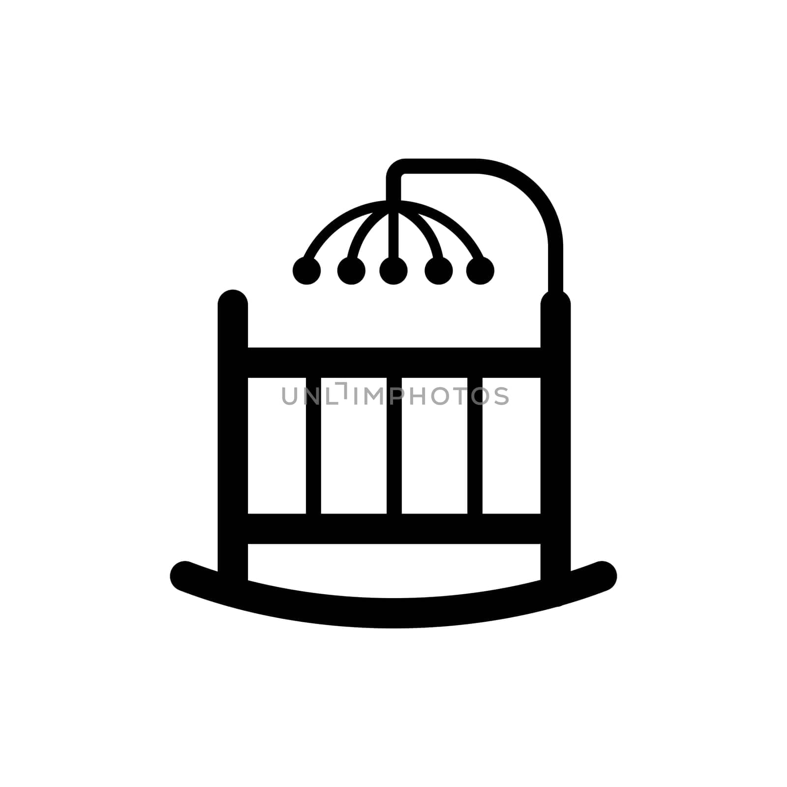 Baby cradle bed with hanging toys vector glyph icon. Graph symbol for children and newborn babies web site and apps design, logo, app, UI