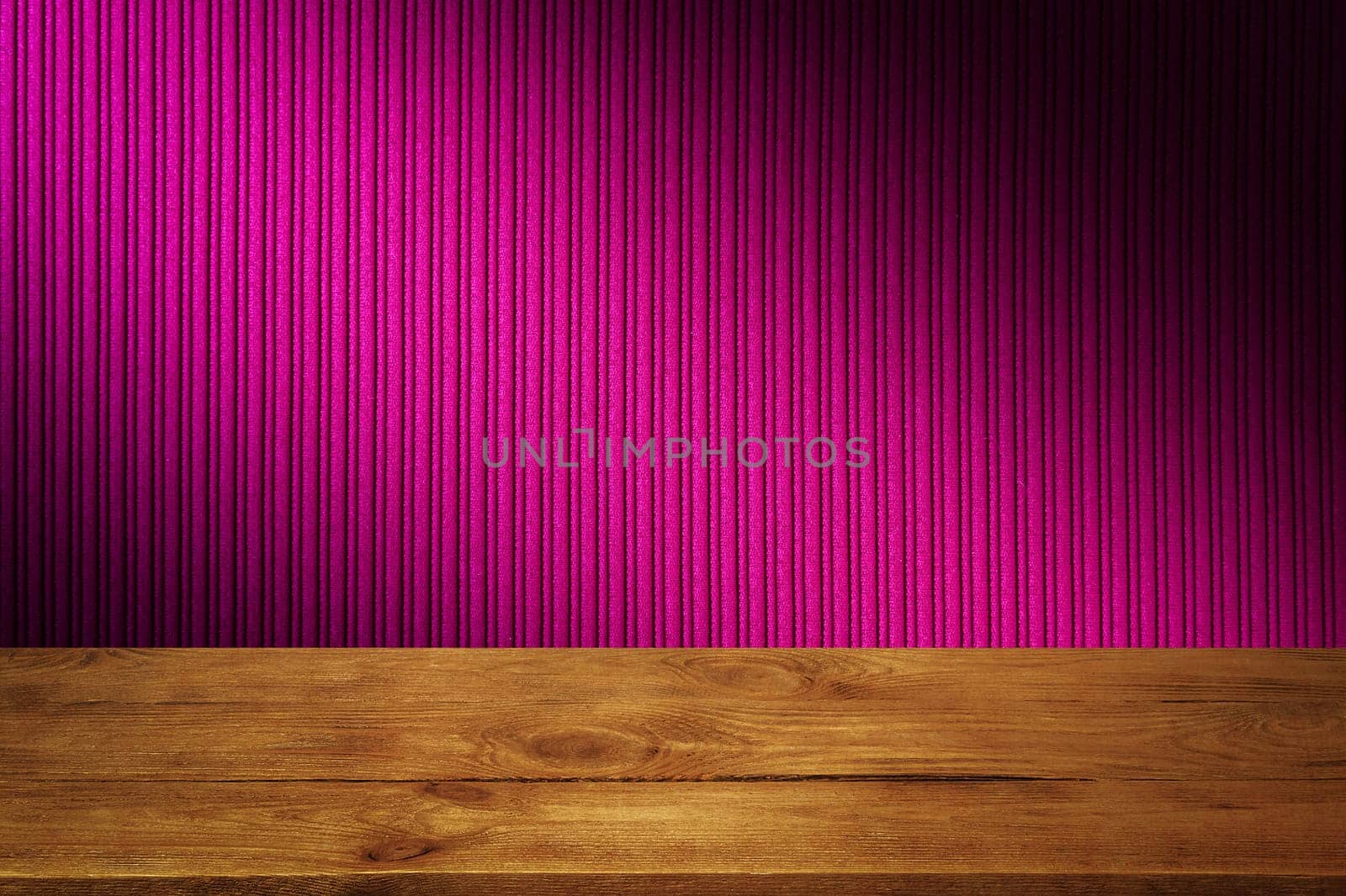 The background is blank wooden boards and a textured striped wall with gradient lighting and vignetting. For product demonstrations, free space, layout, mockup, perspective board, background board.