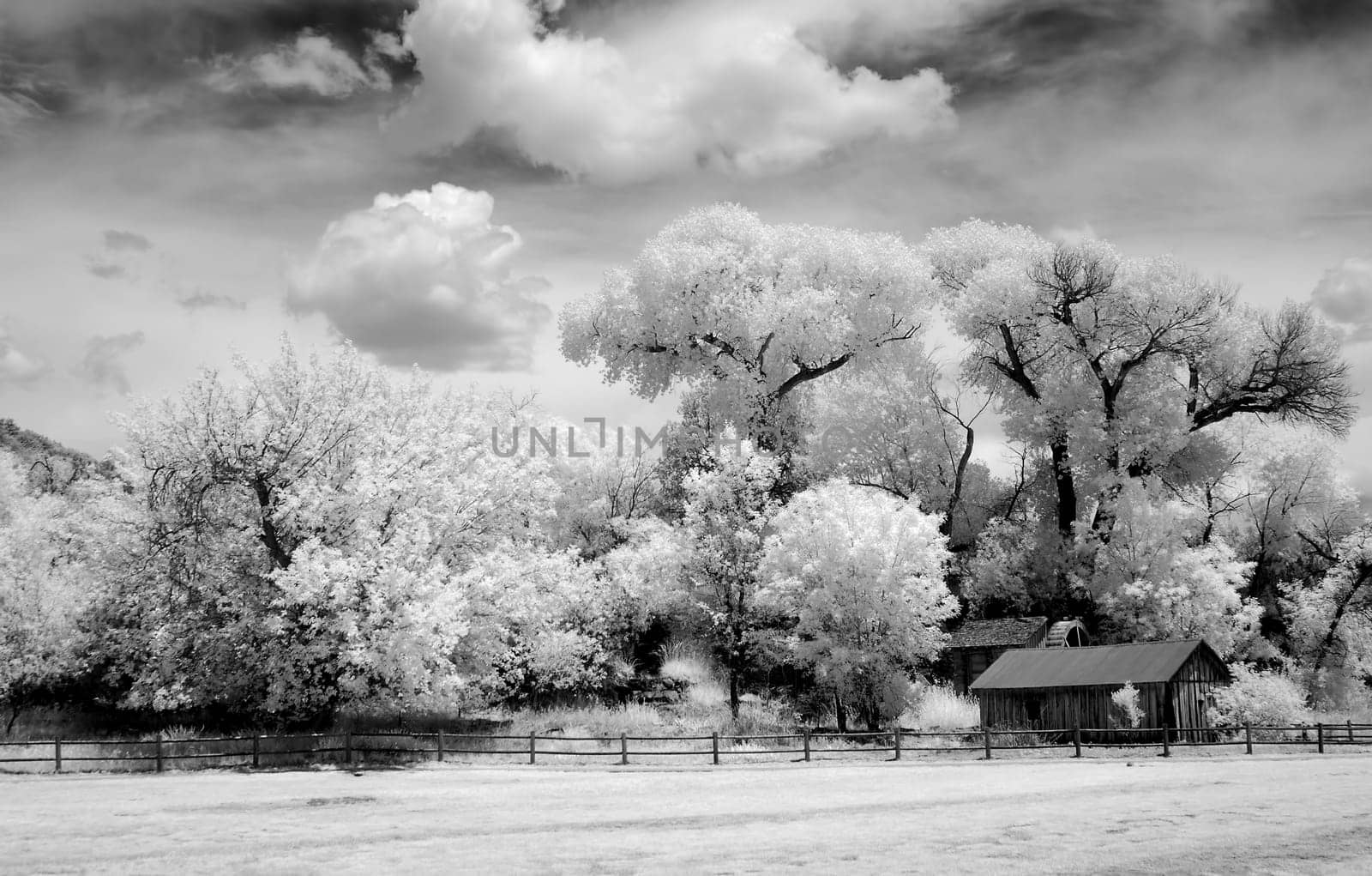 Infrared Black and white country mountains surrounding Sedona Arizona