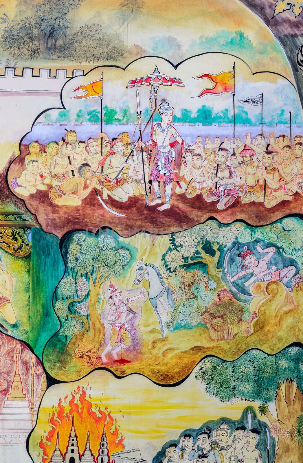 CHIANG MAI,THAILAND - OCTOBER 27, 2014 : Thai mural painting of Lanna people life in the past on temple wall of Wat Chaimongkol Temple in Chiang Mai, Thailand.