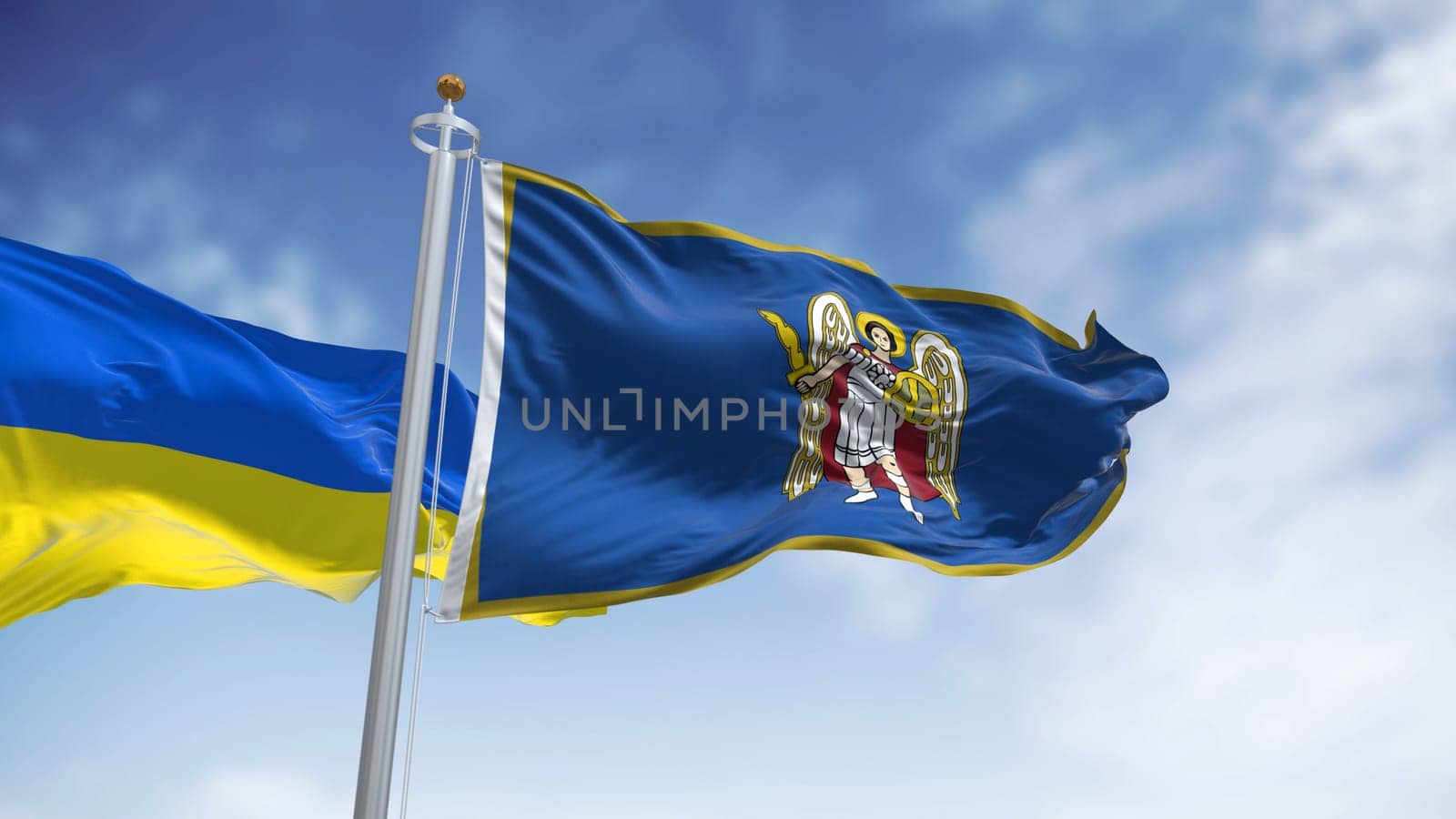 the city flag of Kiev with the depiction of the Archangel Gabriel waving with the Ukrainian national flag. The patron Saint of Kyiv Archangel Michael holding a flaming sword