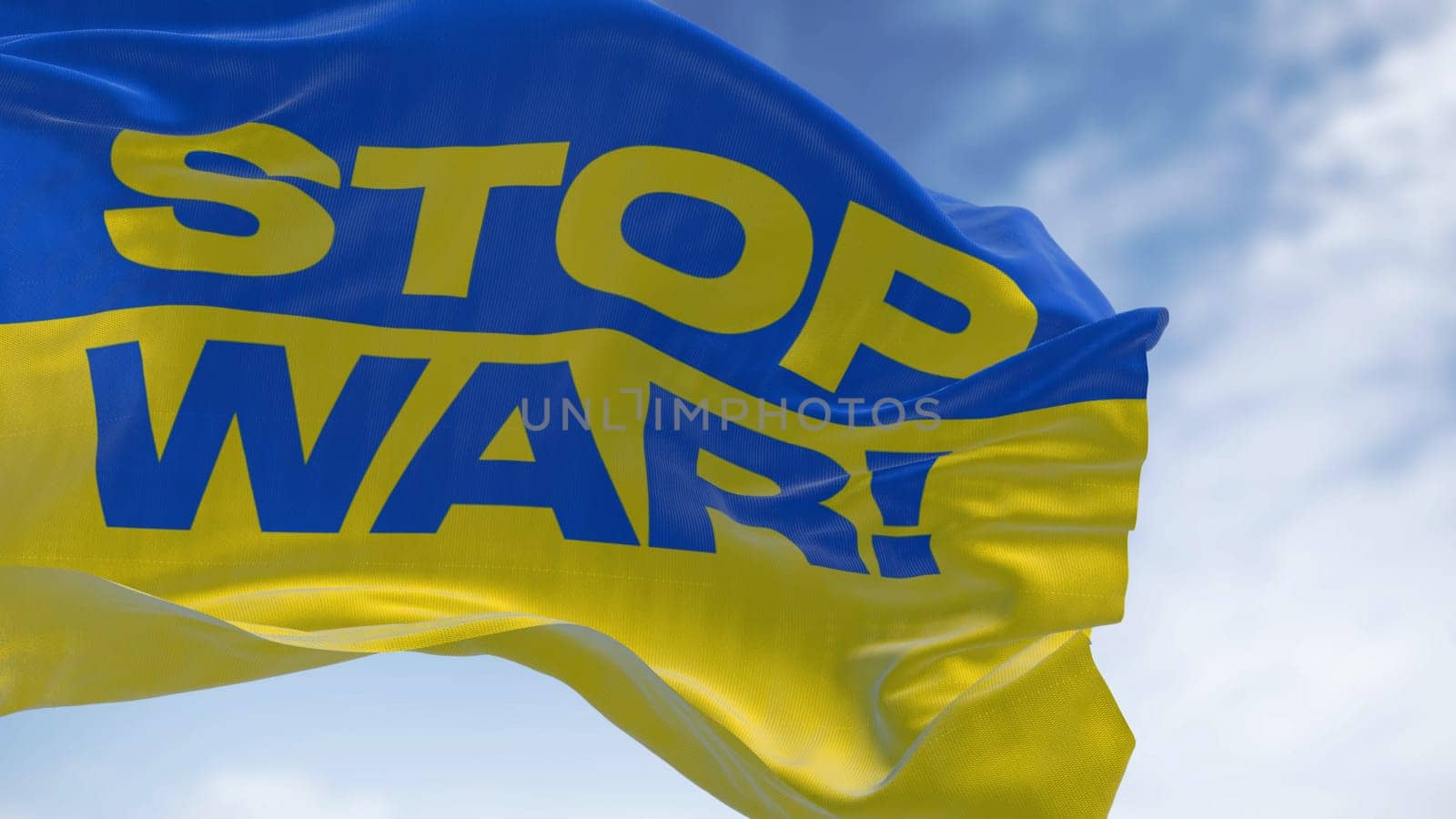 Detail of the national flag of Ukraine with the "stop war"" text waving in the wind . Democracy and politics. Patriotism. Selective focus. Seamless Slow motion"