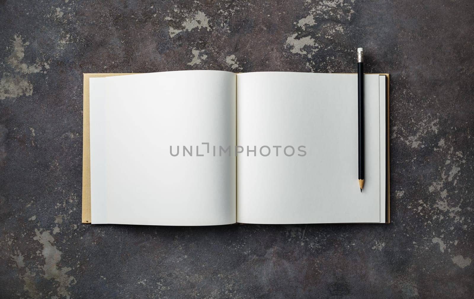 Blank open book and pencil on concrete background. Responsive design template. Flat lay.