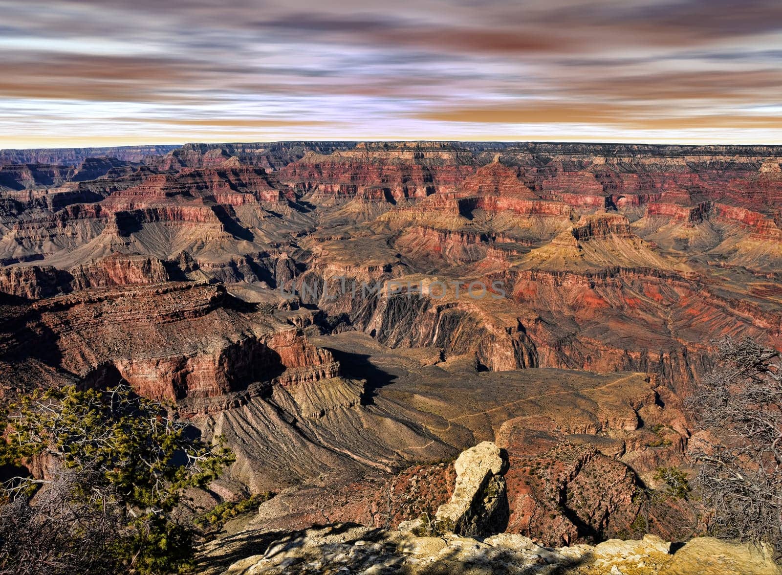 Late afternoon in the Grand Canyon Arizona with blue orange skies
