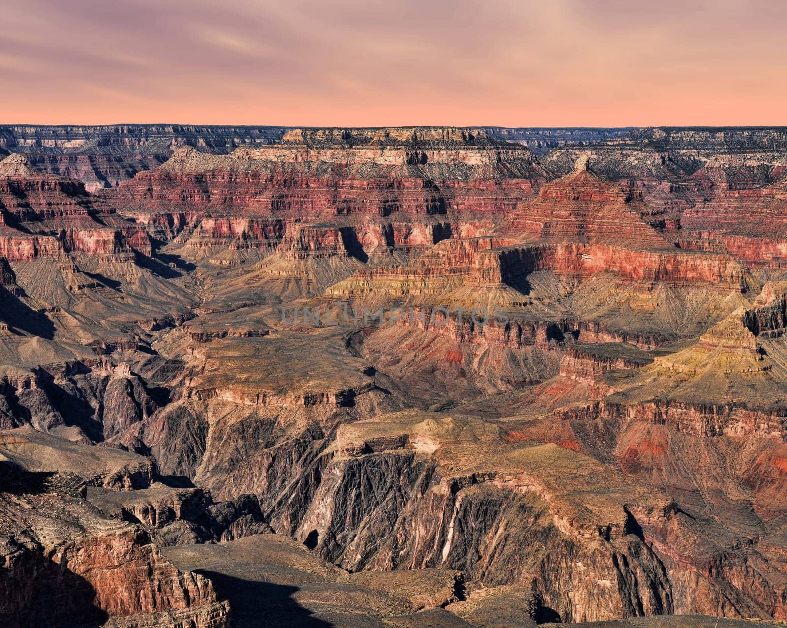 Late afternoon in the Grand Canyon Arizona USA with peach skies