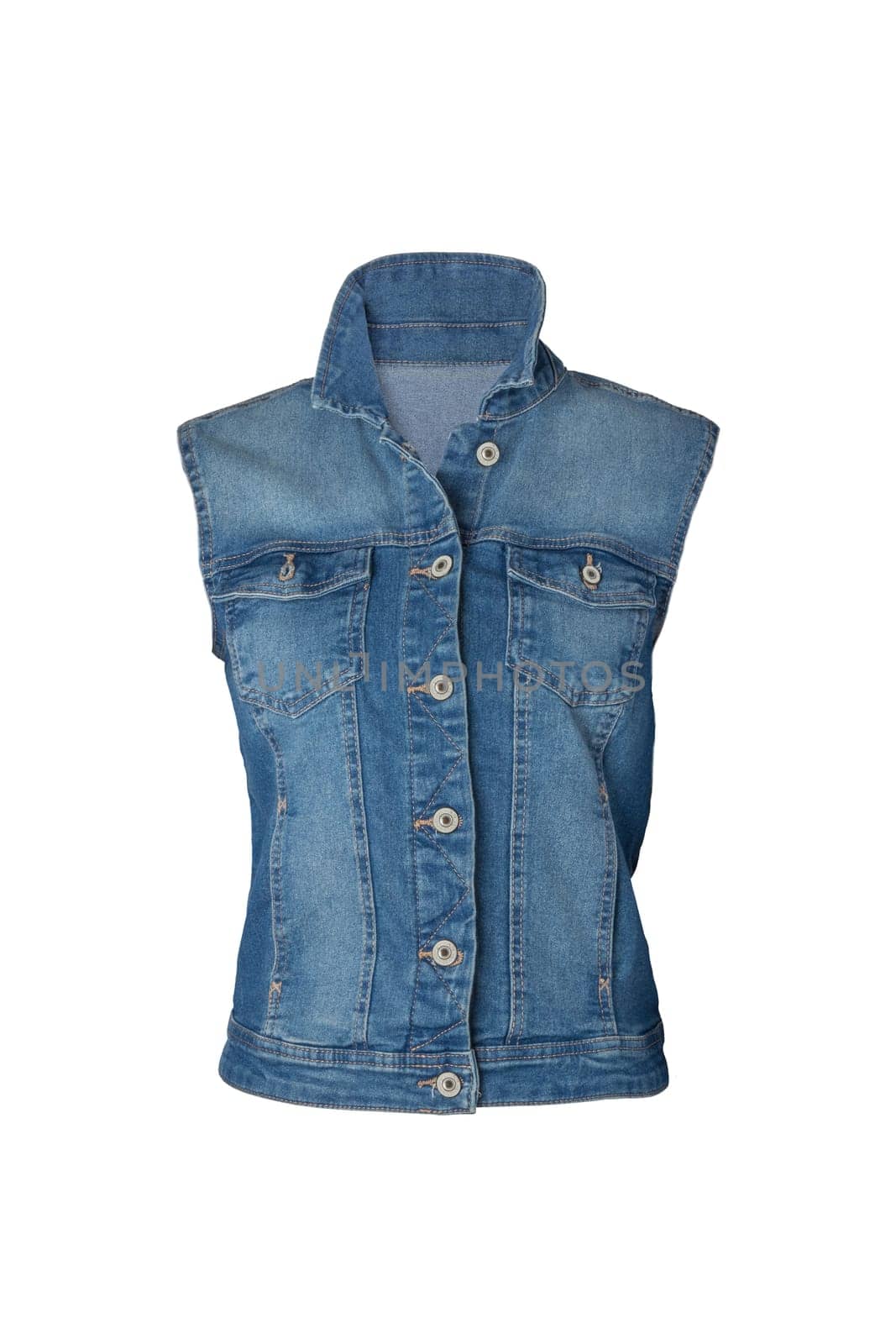 Women clothes. Sleeveless blue jeans vest or jacket for woman on mannequin isolated on a white background. Jeans fashion.
