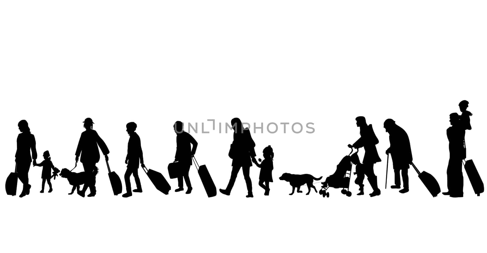 Silhouette of a group of refugee on white background