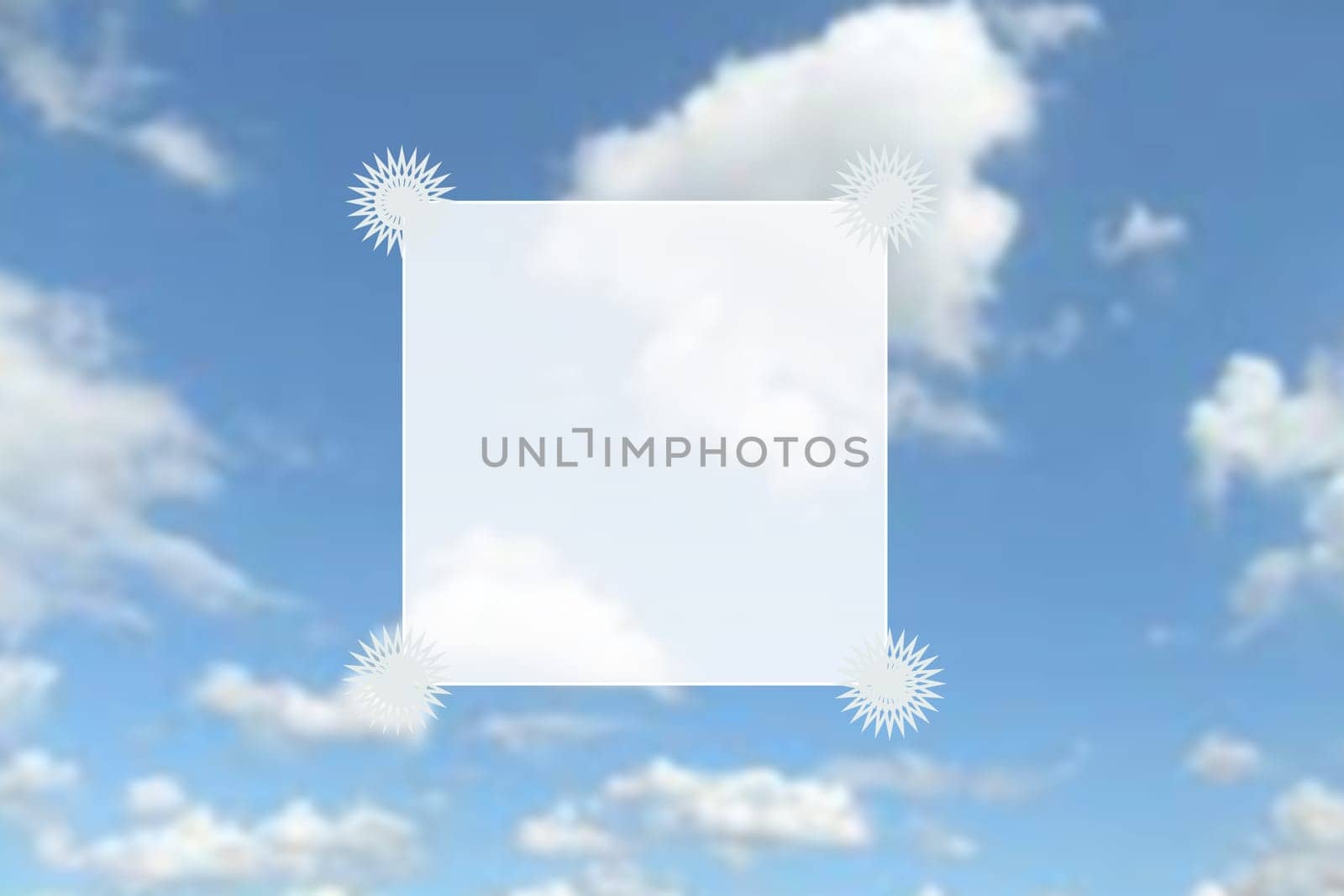 Abstract bright gradient motion spring or summer landscape texture with natural blue lights and white bright cloudy and sunny sky with a square white frame for text design.