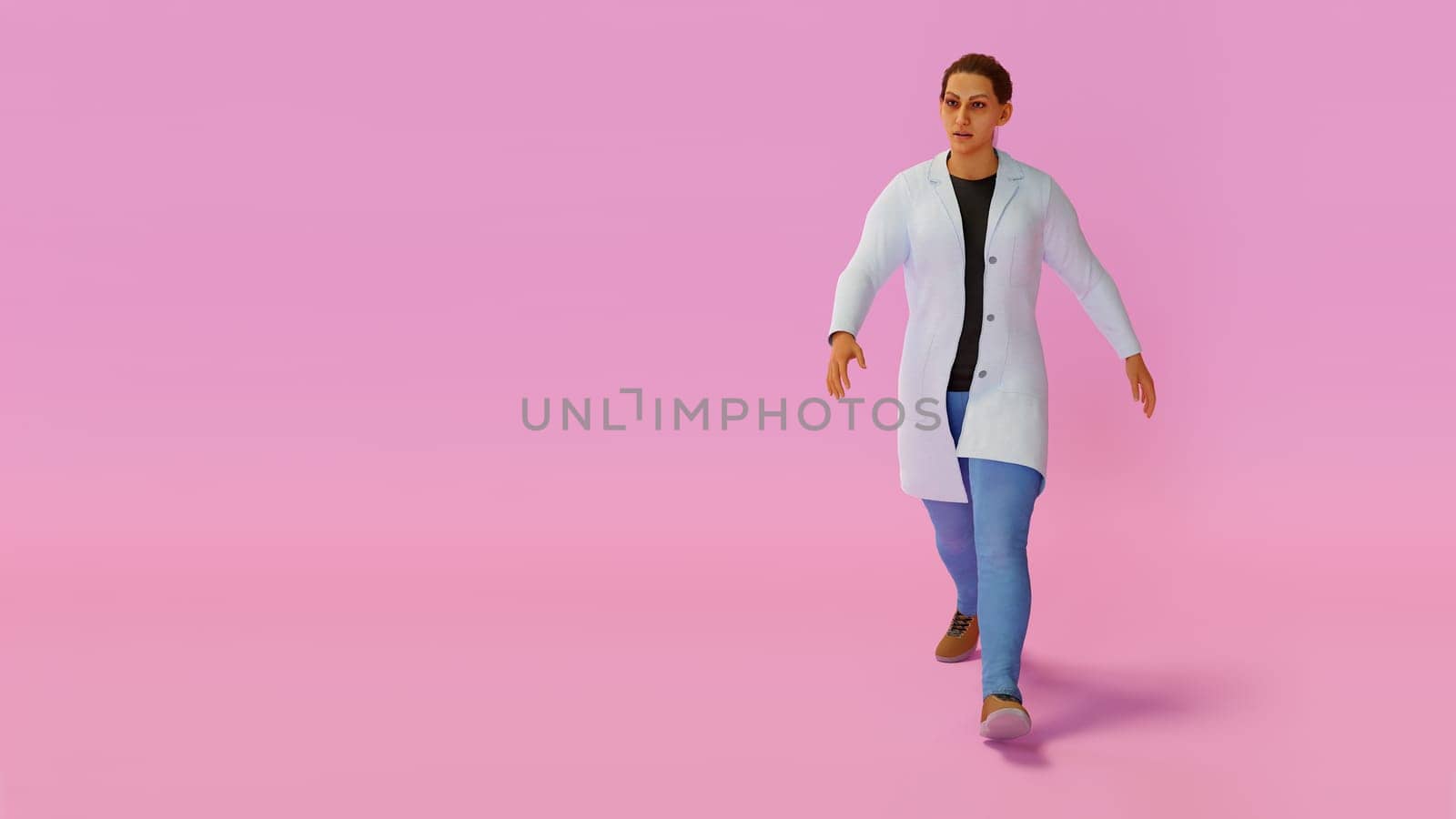 young woman working pharmacist worker laboratory professional health care technician walking on pink background 3D illustration
