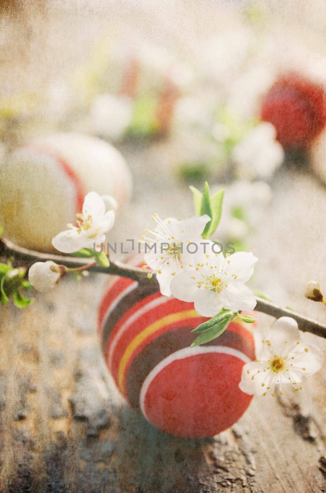 Easter eggs with spring blossom. Texture added.