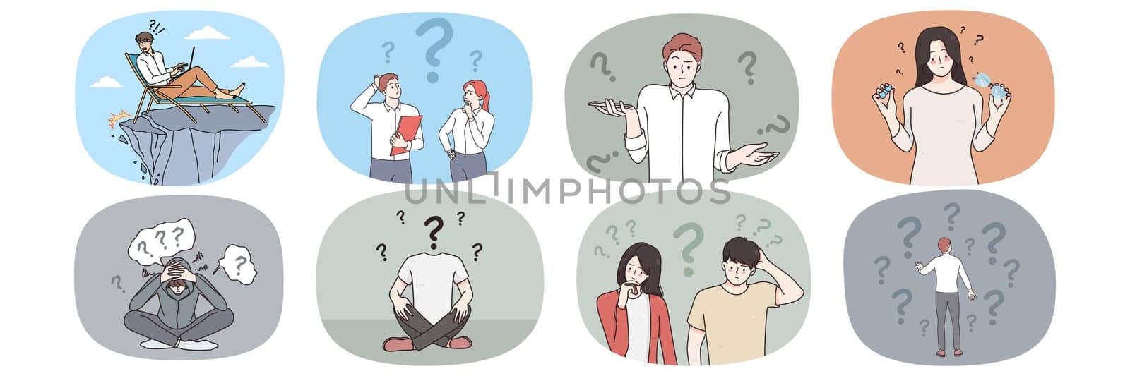 Set of stressed frustrated people think contemplate looking for business solution. Collection of men and women decide make choice solving problem or dilemma. Vector illustration.