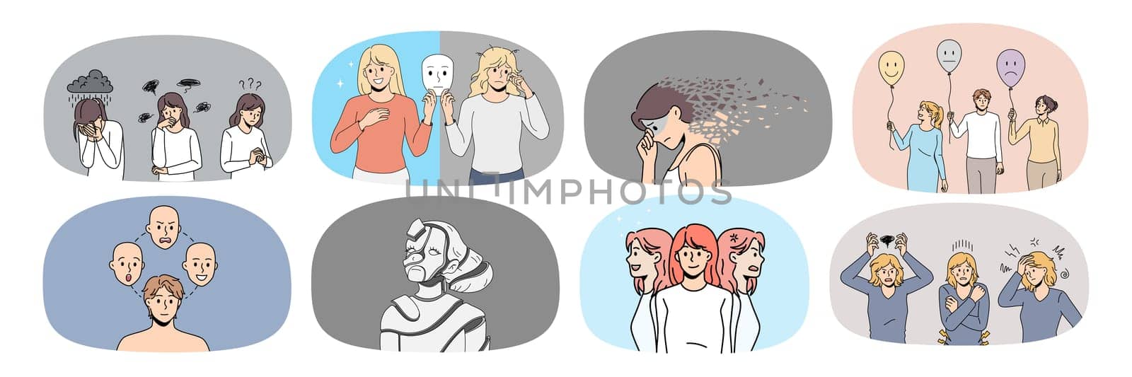 Set of distressed people struggle with mood swing or bipolar disorder need psychological help. Collection of unhealthy stressed humans have mental problems. Schizophrenia. Vector illustration.
