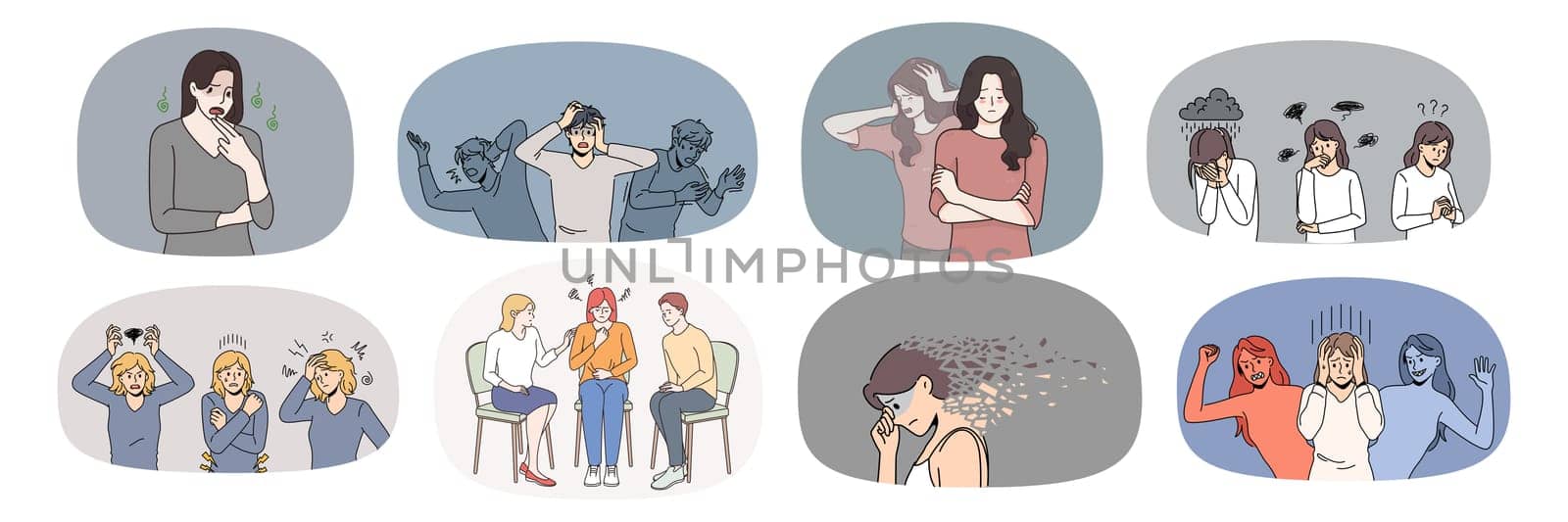 Set of unhappy person feel stressed suffer from bipolar disorder or mood swing. Collection of unhealthy sad people struggle with depression or psychological mental problems. Vector illustration.