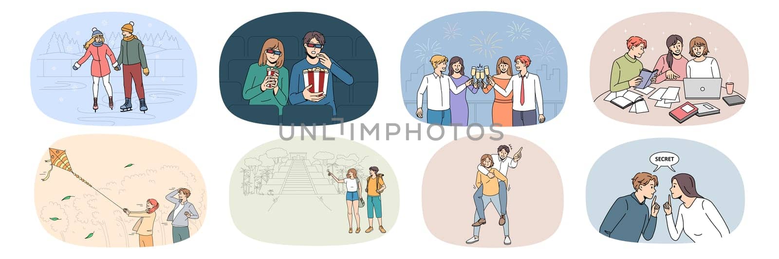 Collection of happy friends have fun enjoy leisure weekend relaxing together. Set of millennial people students have fun study and rest enjoy college life in campus. Flat vector illustration.