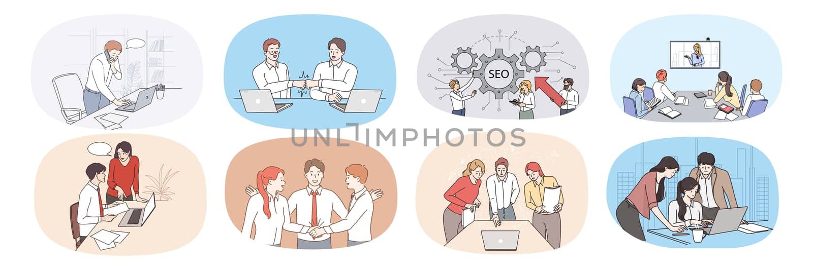 Set of businesspeople brainstorm collaborate together in office. Collection of diverse employees cooperate work on laptop together at workplace. Teamwork concept. Vector illustration.