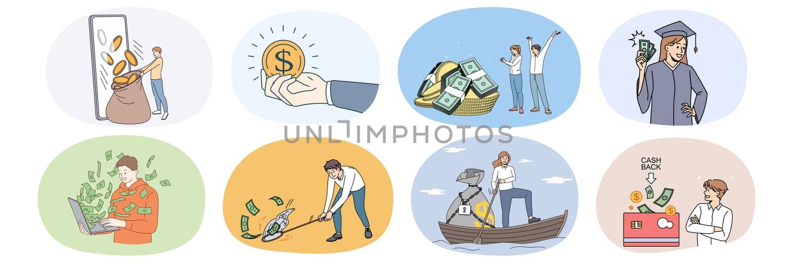Set of people with coins and banknotes excited with money income or profit. Collection of diverse men and women saving finances for future need. Dividend and passive revenue. Vector illustration.
