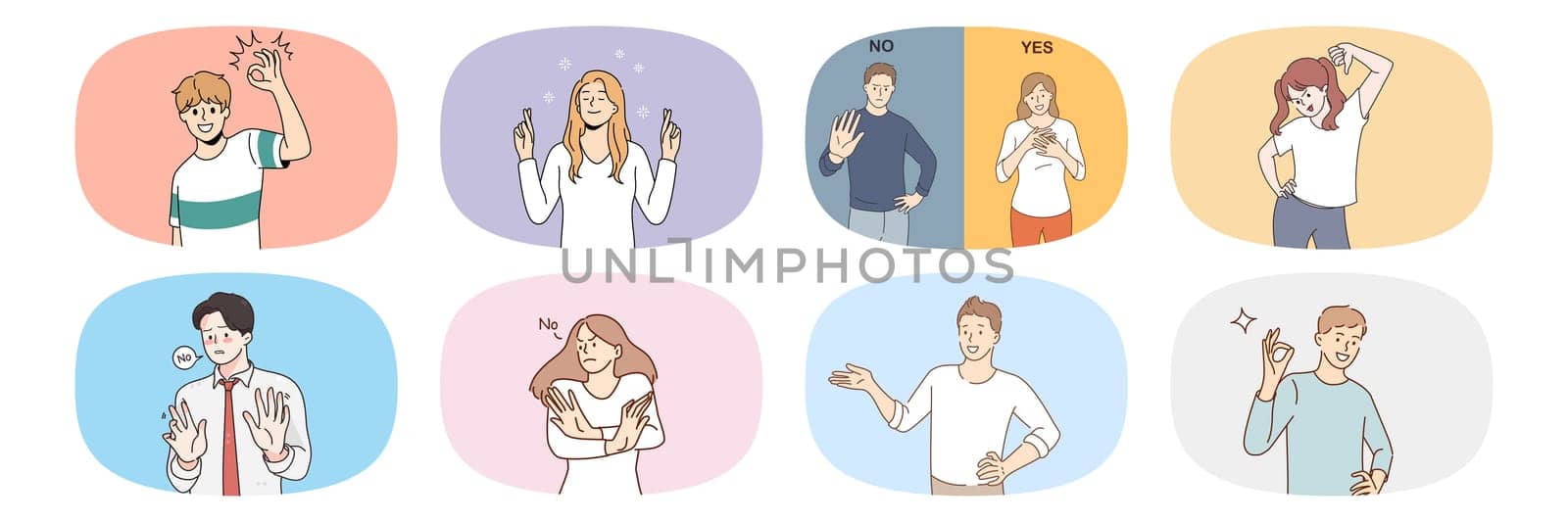 Collection of people show different emotions and gestures