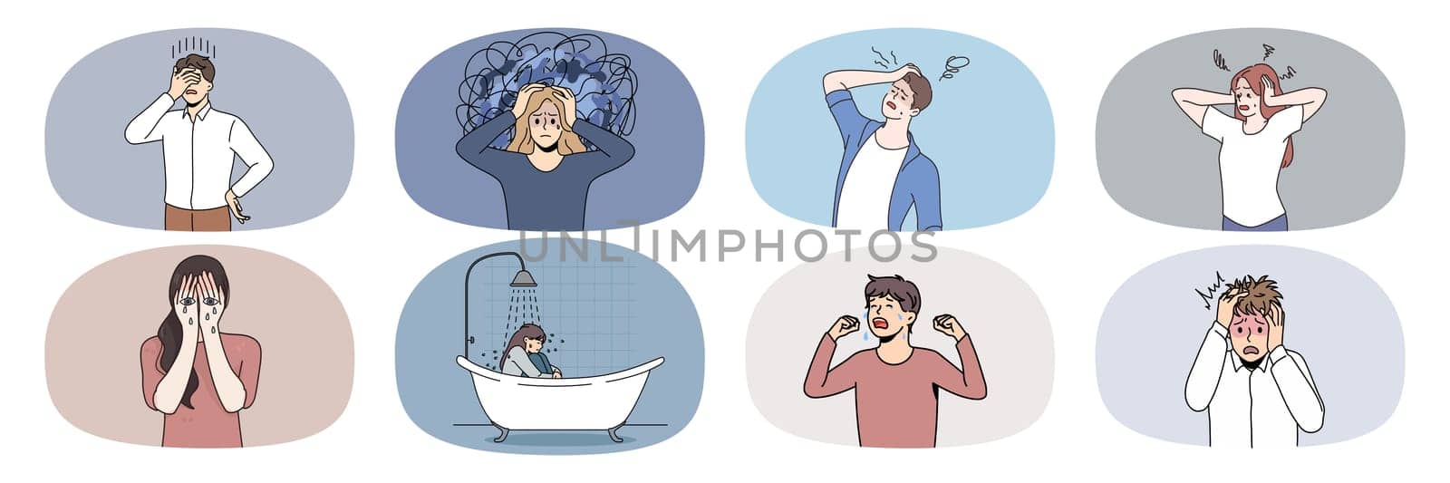 Collection of depressed young people feel despair suffer from mental psychological problem. Set of unhappy men and women suffer from depression or nervous breakdown. Vector illustration.