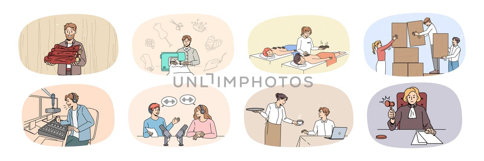 Collection of people and their professions. Set of diverse man and woman employees and occupations or jobs. Tailor, masseuse and musician. Waitress, attorney and lumberjack. Vector illustration.