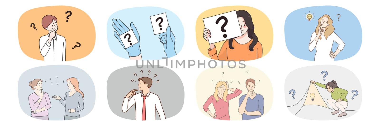 Collection of diverse look for answer to social dilemma or issue. Set of frustrated men and women with question marks find solution to problem. Choice and decision. Vector illustration.