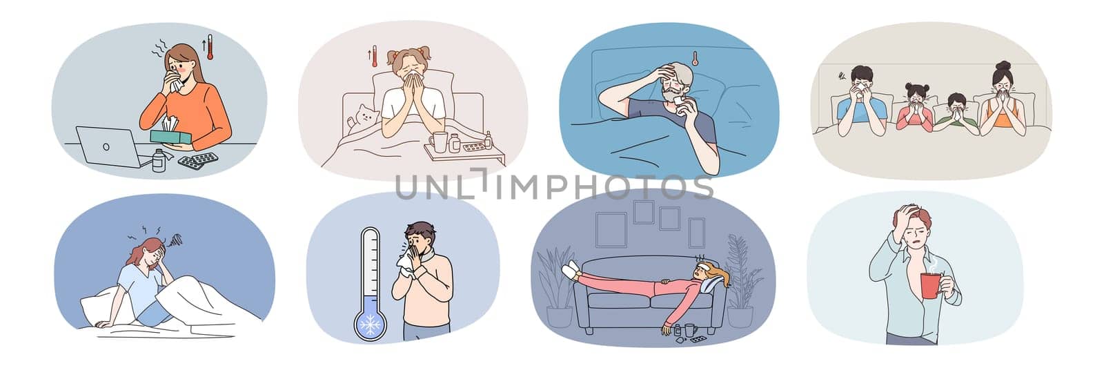 Set of unwell sick people stay at home struggle with covid-19 symptoms. Collection of unhealthy humans feel ill suffer from corona virus or flu. Healthcare and medicine. Vector illustration.