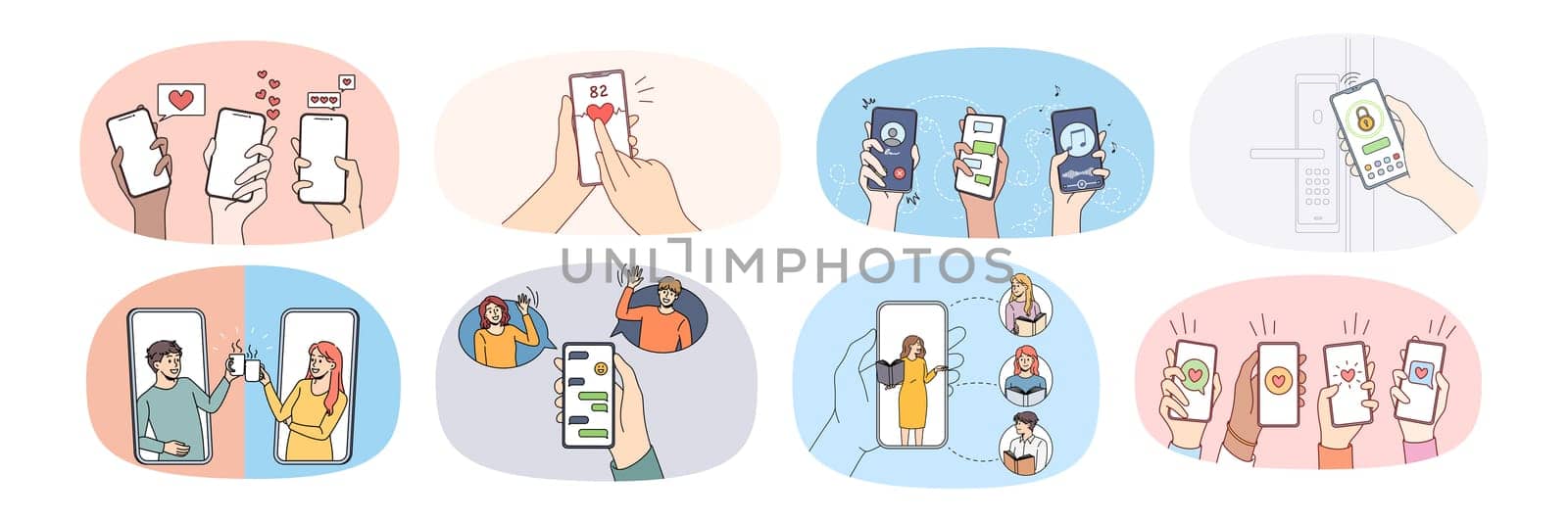 Set of diverse people hands hold cellphone in hands communicate online on gadget. Collection of users enjoy texting messaging on smartphone. Communication and social media. Vector illustration.
