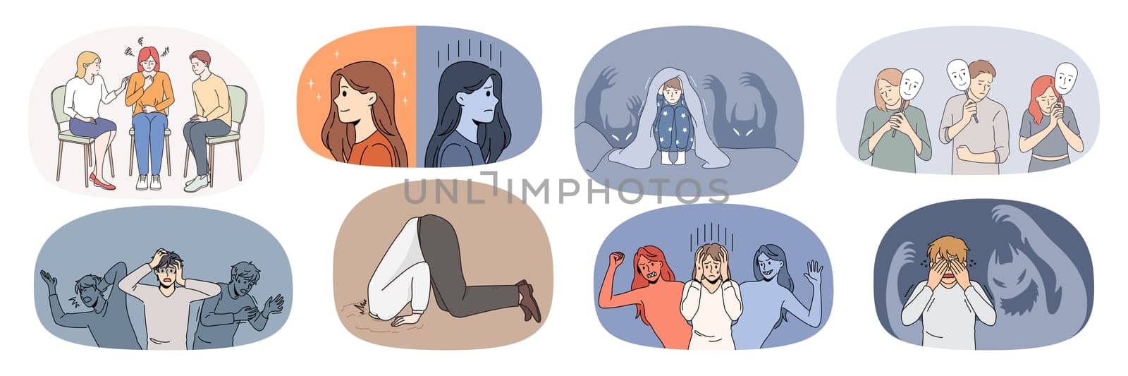 Set of unhappy sick diverse people suffer from mental psychological problems. Collection of scared emotional men and women struggle with panic attack or bipolar disorder. Vector illustration.