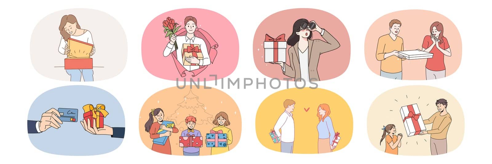 Collection of overjoyed man and woman feel excited with present surprise. Set of diverse people get gift on birthday or anniversary. Concept of greeting and celebration. Flat vector illustration.